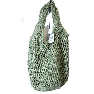 NWT Haute Hippie Crochet Woven Shoulder Bag Tote Sage Green Pocket Snap Boho